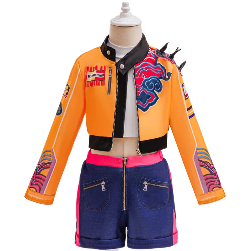 Kids Girls Street‑Style Fancy Cosplay Kit 3D Printed Cropped Jacket Shorts for Halloween Birthday Theme Party Role‑Play Outfit