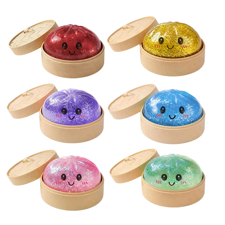 Realistic Giant Dumpling Squeeze Toy with Bamboo Steamer Soft TPR Dough Ball Decompression Fidget Toy Creative Funny Gift