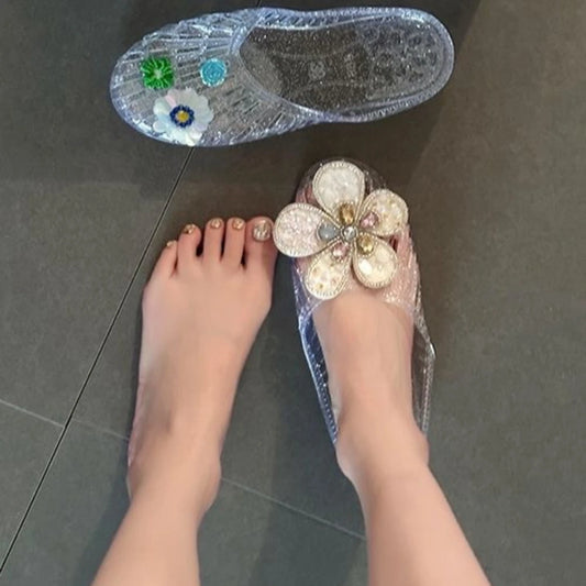Summer Crystal Slip-On Flat Bottom Transparent Women's Sandals Outdoor Wear Flower Jelly Slippers Open-Toe Slippers Casual Shoes