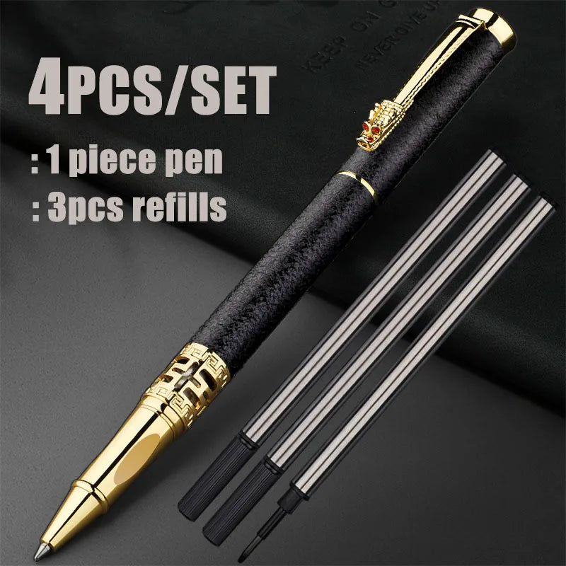 4pcs/set Elegant Golden Dragon Head Ballpoint Pen Golden/silvery/black 0.5mm Black Ink Metallic Pen for Business Teacher Gifts