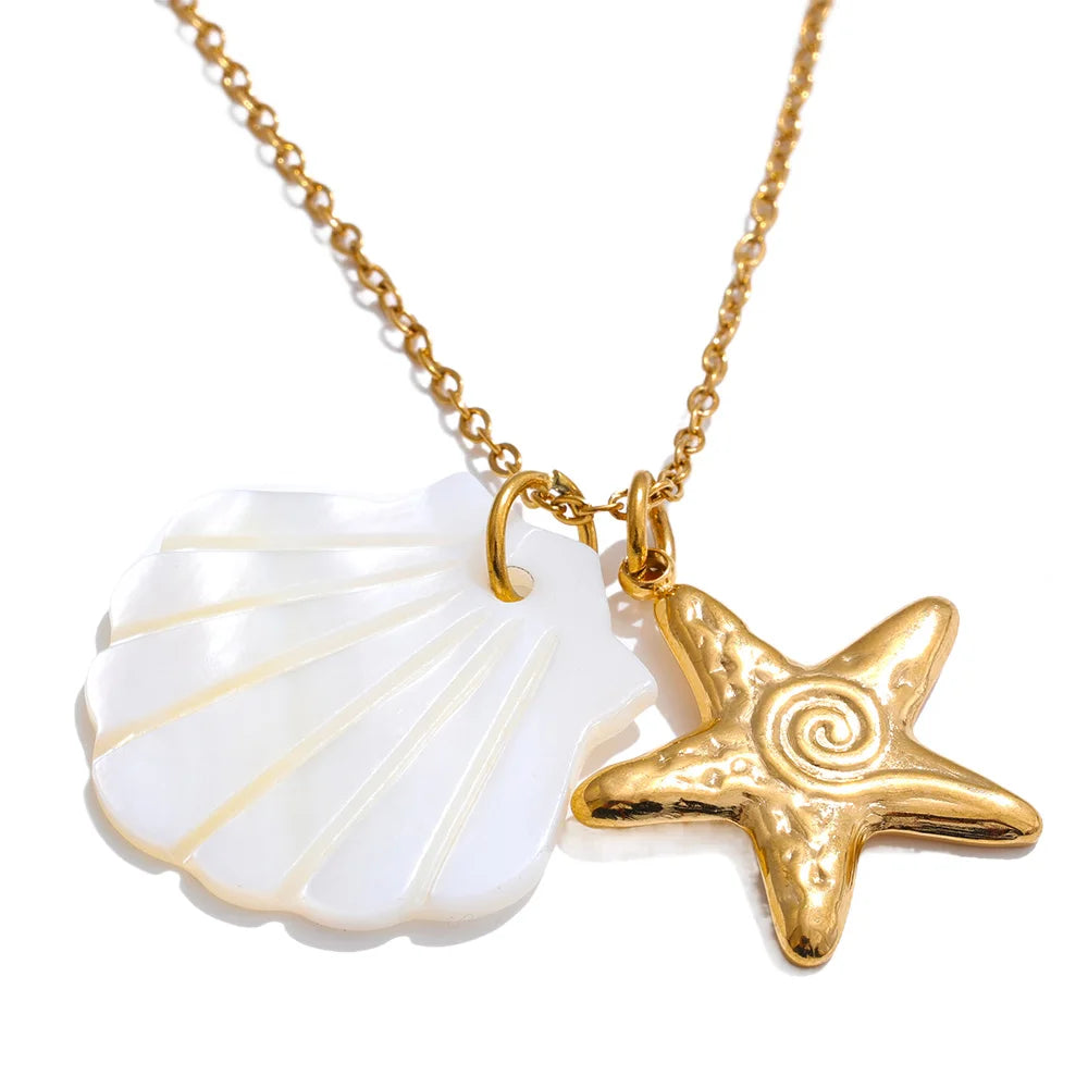 Yhpup Summer Ocean Style Shell Starfish Conch Pendant Necklace 18K Gold Color Plated Waterproof Charm Jewelry Gift