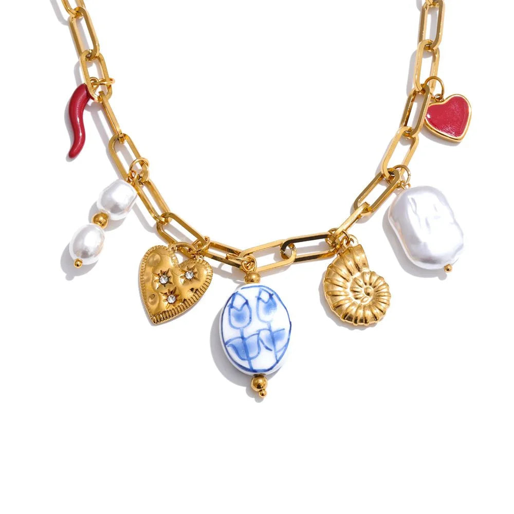 Yhpup Ocean Style Stainless Steel Pearl Shell Starfish Flower Chilli Drop Charm Necklace Golden Plated Handmade Holiday Jewelry