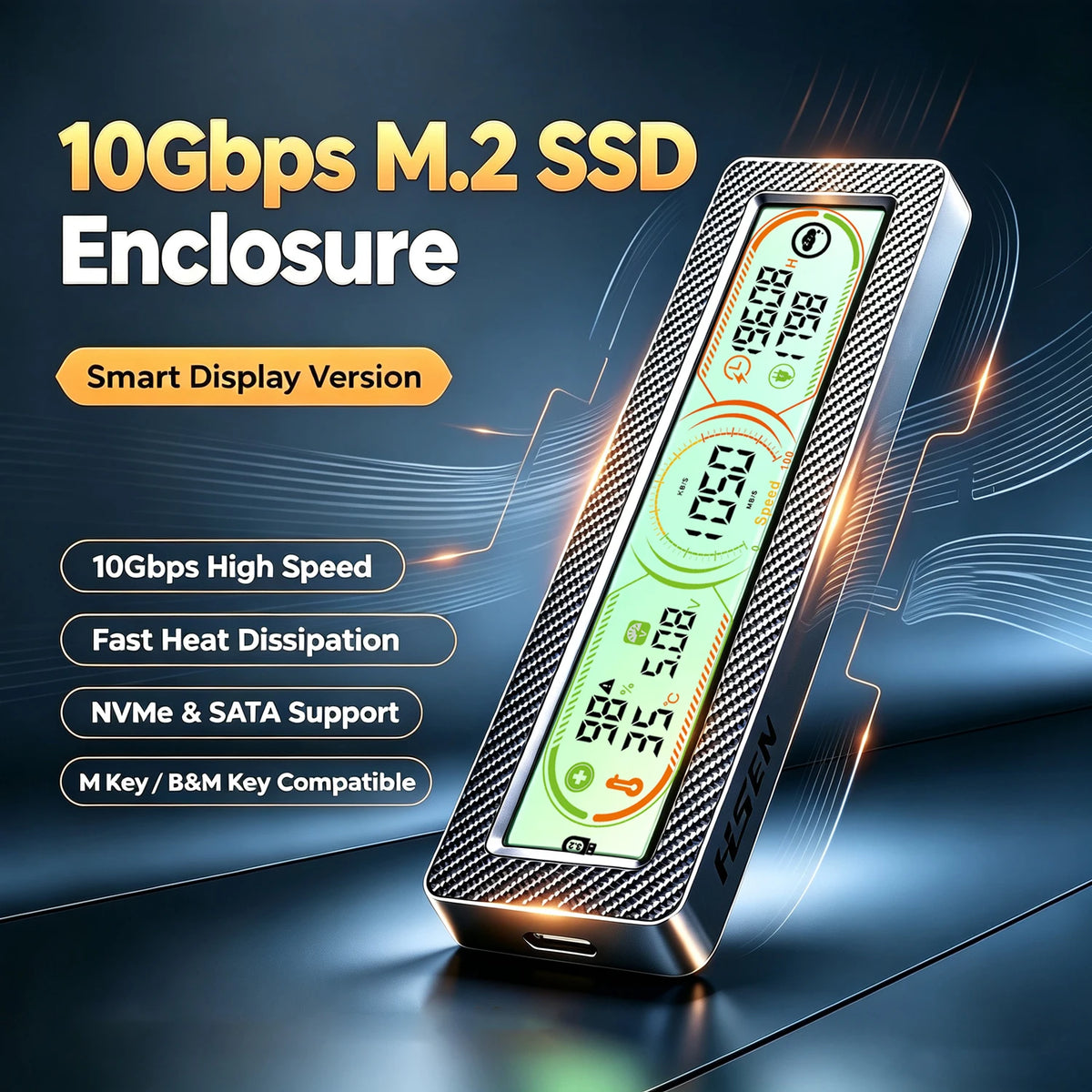 M.2 SSD Enclosure with Smart Display,Real-Time SSD Health Monitor, USB 3.2 Gen 2 10Gbps, NVMe PCI-E & SATA M.2 SSD Case