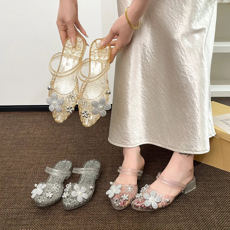 Luxury Rhinestore Flower Pvc Gladiator Sandals Women Summer 2026 Korean Style Crystal Jelly Shoes Lady Thick Heel Mules Slippers