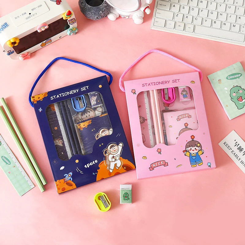 6Pcs Creative Children Stationery Set Cartoon Pencil Sharpener Eraser Note Book Ruler Pencil Kawaii School Supplies Gifts