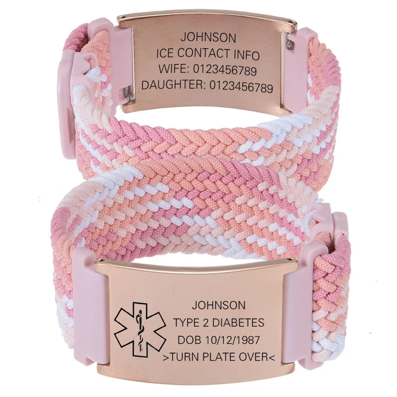 Personalized Medical Alert Bracelet Elastic Nylon Custom Engraved Tag Medical ID Bracelet Adjustable Keepsake Gift for Health