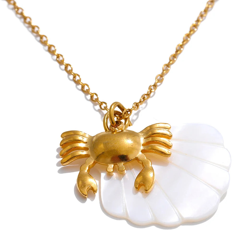 Yhpup Summer Ocean Style Shell Starfish Conch Pendant Necklace 18K Gold Color Plated Waterproof Charm Jewelry Gift