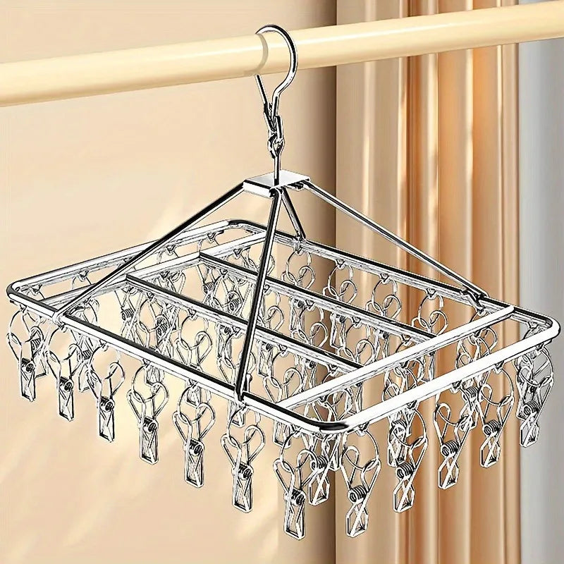 Stainless Steel Laundry Hanger Clothes Rack with 40 Anti-Wind Rotary Utility Hooks Windproof Drying Stand for Indoor/Outdoor Use