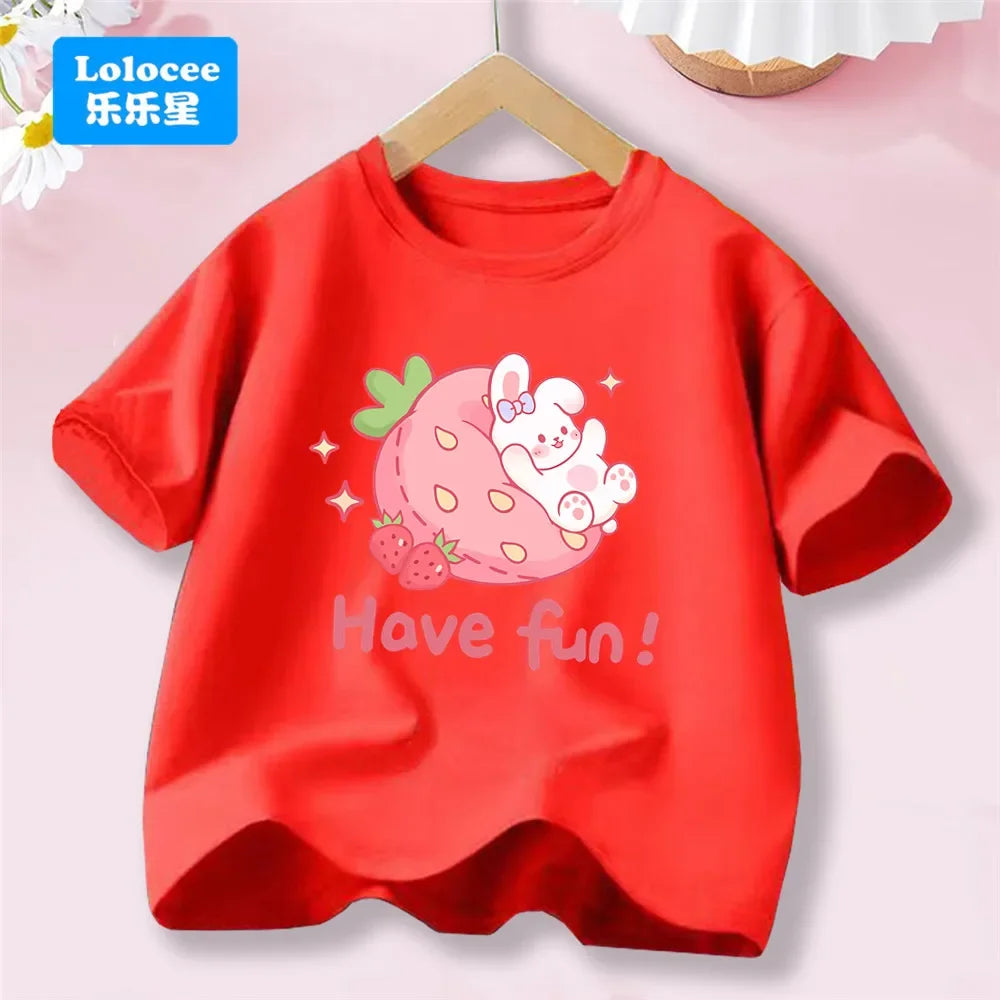 3-14T Kid Clothes Summer Cotton T Shirt Short Sleeve Top Beauty Tulip Flower and Rabbit Print Tee Childrens Candy Color Tshirt