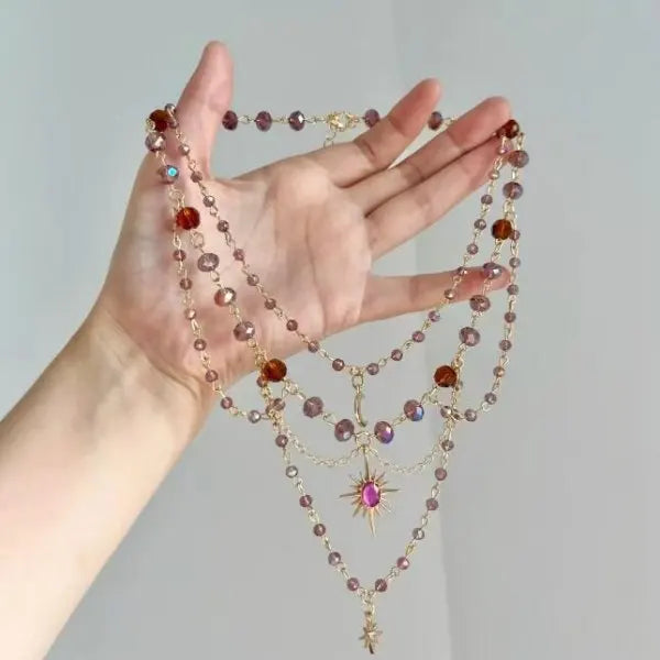 Bohemian Vintage Irregular Natural Stone Necklace for Women Handmade Crystal Beads Double Layer Long Sweater Chain Jewelry Gift