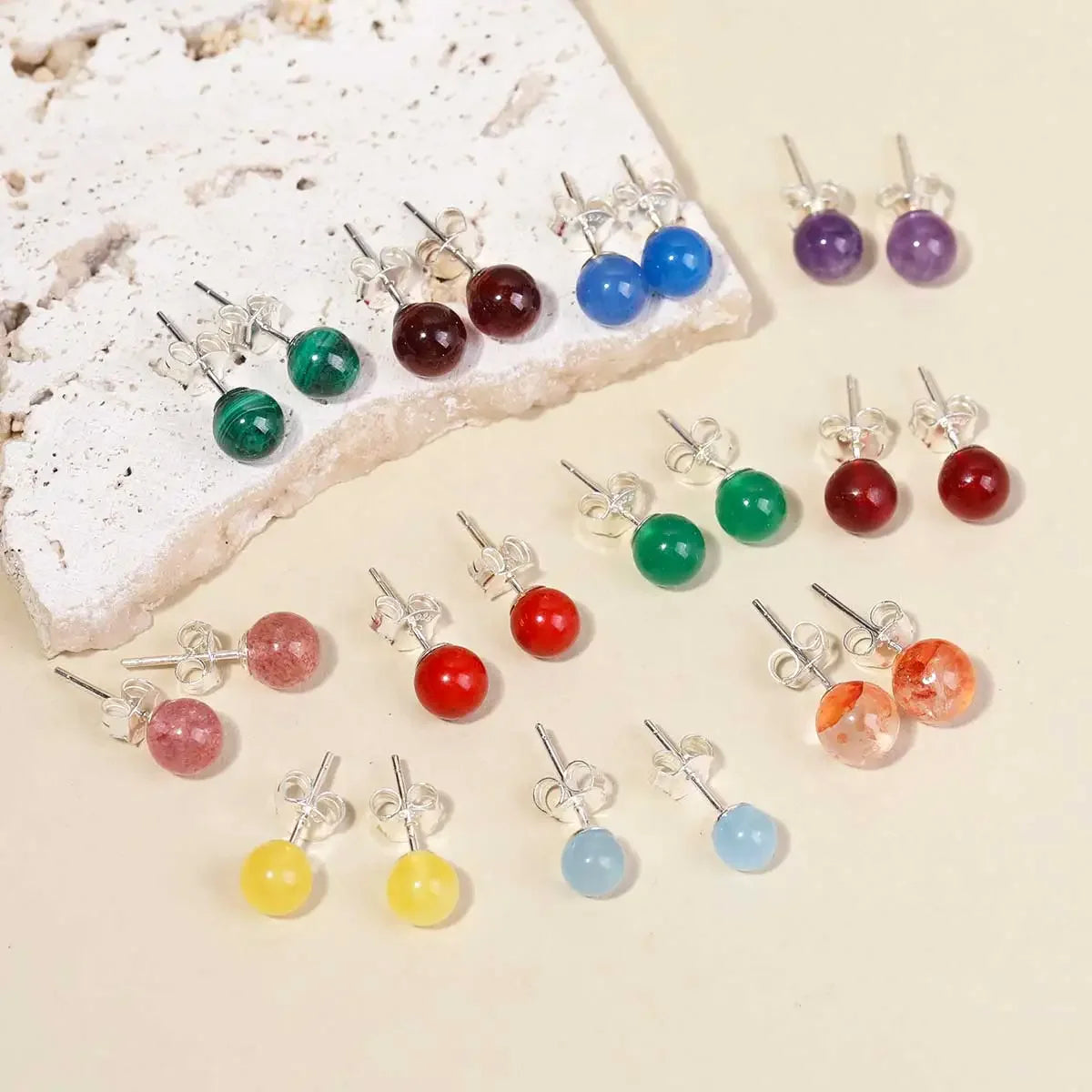 6mm Stone Beads Natural Stone Earrings Earring Stud 925 Sterling Silver Jewelry For Women Party Women's S925 Silver Earrings