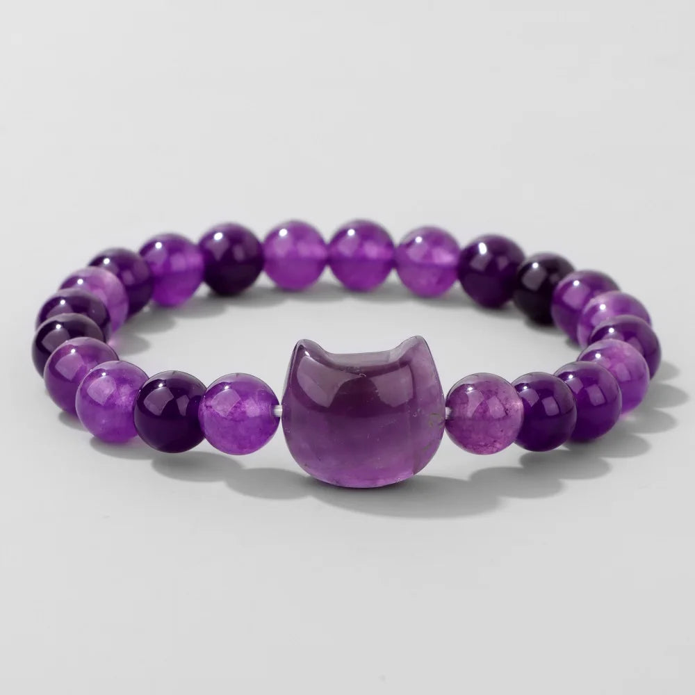 Natural Cat Head Carved Stone Bracelet Tiger Eye Amethyst Agate 8mm Round Gem Bead Elastic Bracelets For Women Men Jewelry Gift