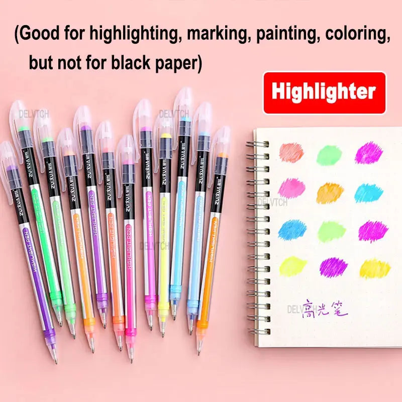DELVTCH 12/24/36/48 Color Set Glitter Metallic Highlighter Gel Pen 1.0mm Tip For Art Marking Painting Drawing Kids Graffiti Gift