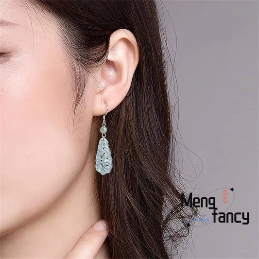 Natural A-goods Jadeite Blue Water Ruyi S925 Silver Inlaid Ice Jade Earrings Exquisite Elegant Simple High-grade Fashion Jewelry