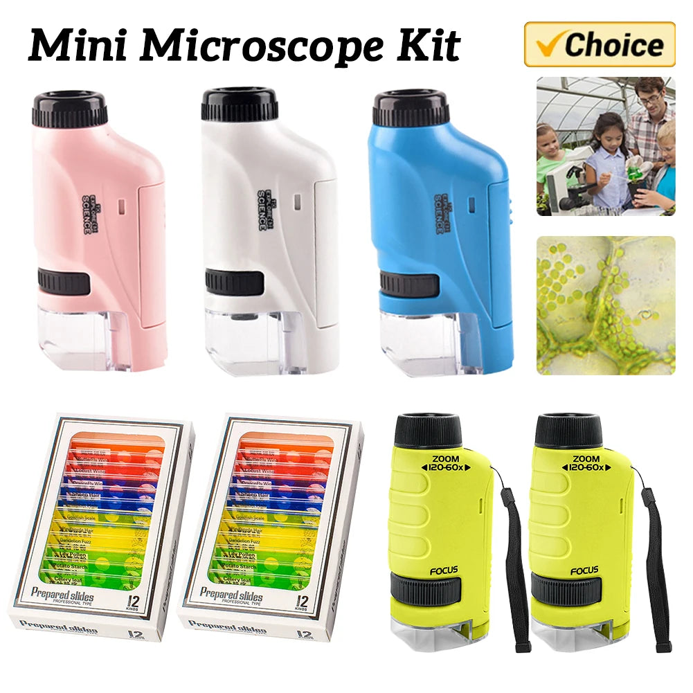 Pocket Microscope Kids Science  Kit 60-120x Educational Mini Handheld Microscope with LED Light Outdoor Children Stem