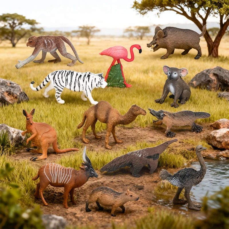 Oenux 12-pcs Wild Farm Animals Model Montessori Toy Action Figure Zoo Figurines Cute Miniature Collection Education Kid Gift