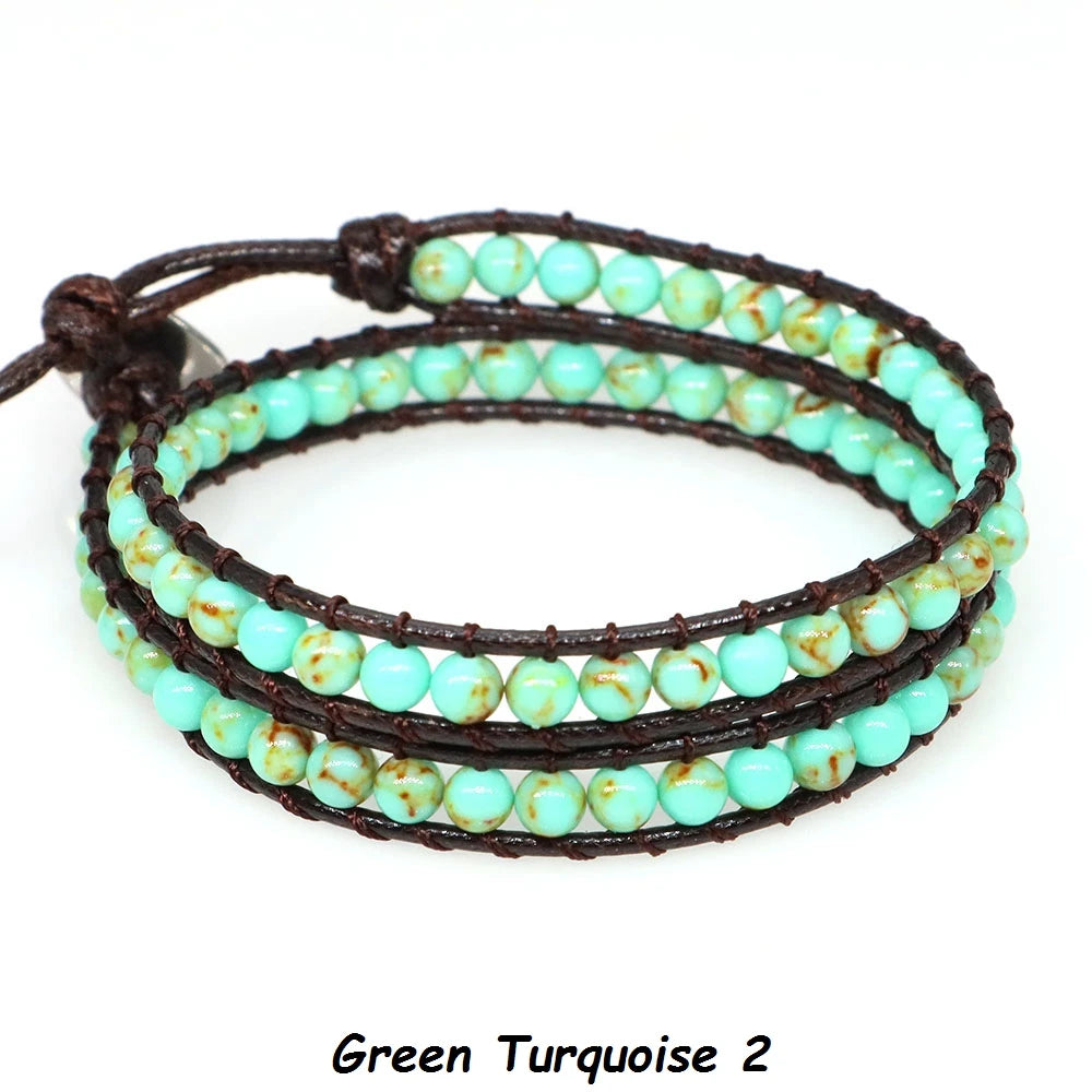 Natural Stone Bohemian Wrap Bead Bracelet Lapis Lazuli 2 Strands Multilayer Leather Rope Woven Bangle For Women Men Jewelry Gift