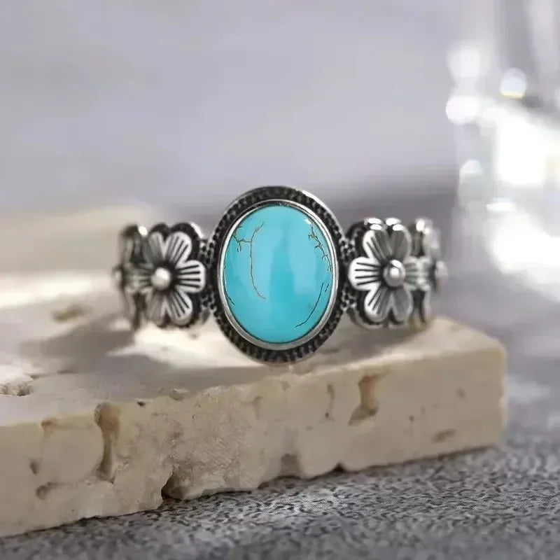 Vintage S925 Sterling Silver Rose Flower Ring With Oval 8*10mm Natural Moonstone Sweet Ring Fine Jewelry For Woman