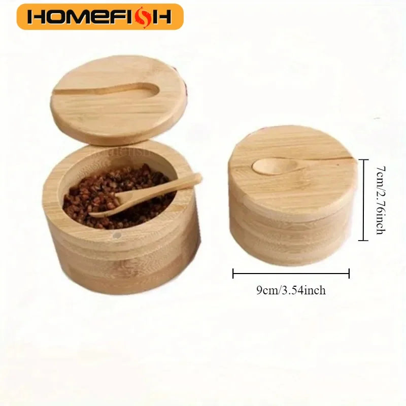 Salt Seasoning Jars Pepper Jar Bamboo Condiment Box Bowl Storage Pot Set Wood Sugar Container Holder Lid Function Multi Bowls