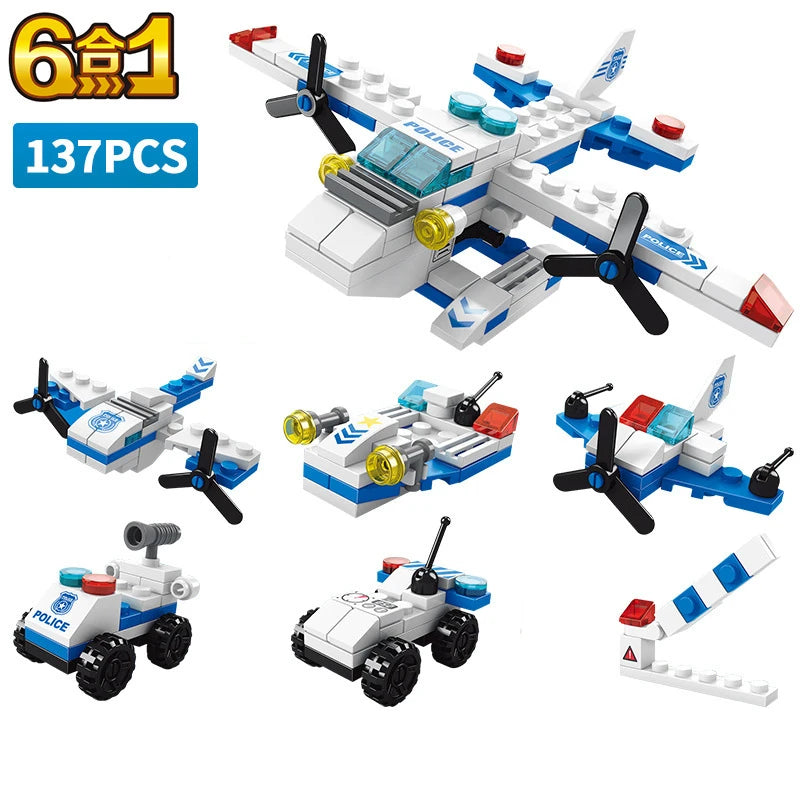 6in1 NEW Police Sports Car Fire Engineering Engine Mini Loader Truck Classic Model Building Blocks Sets Bricks Toy City