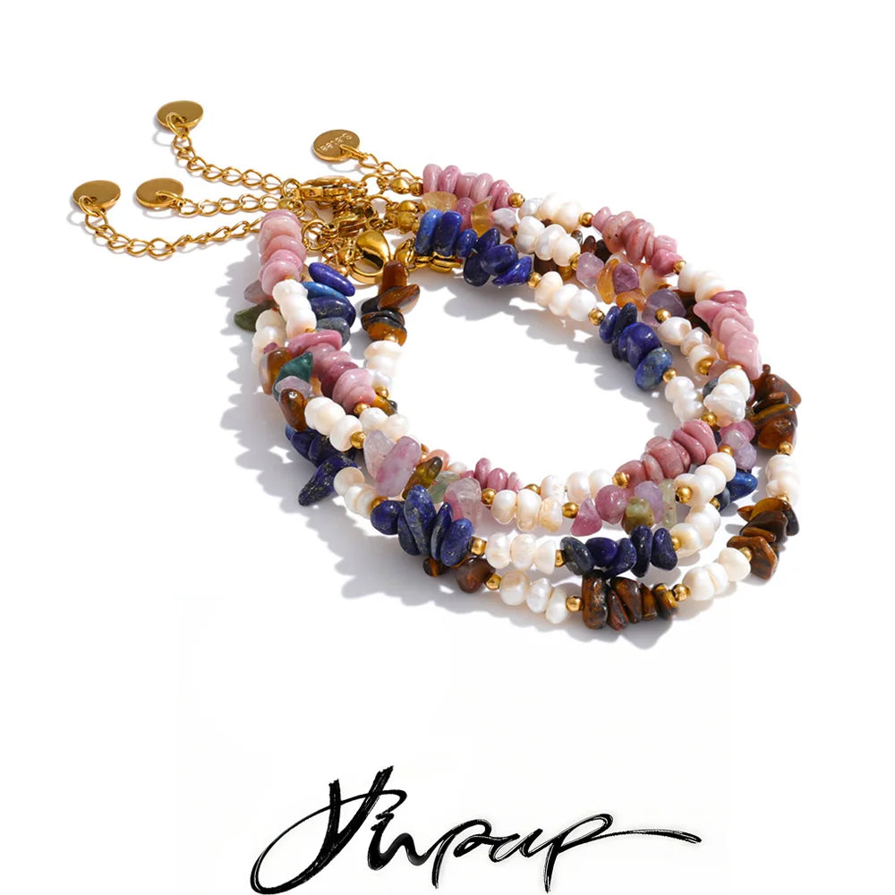 Yhpup Natural Stone Freshwater Pearl Beads Chain Handmade Bracelet Bangle Waterproof Stainless Steel Basic Wrist Summer Jewelry