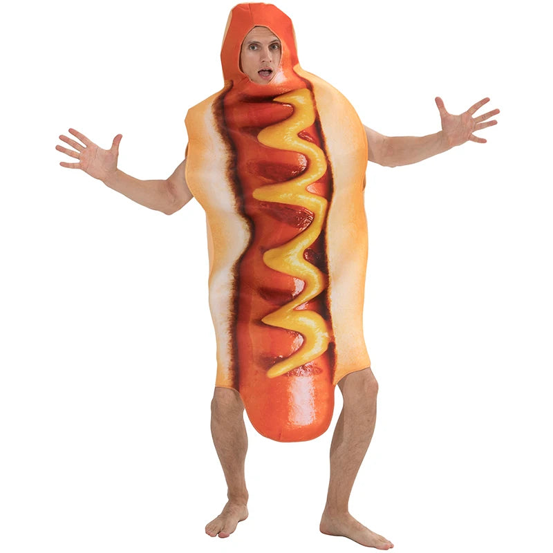 Adult Kids Funny 3D Print Food Sausage Hot Dog Costumes Halloween Men Women Family One-Piece Costume Carnival Food Costume