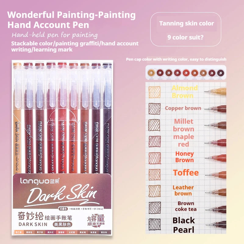 Languo Gel Pen Large Capacity Handbook Pens 6/9Pcs 0.6mm Student Art Diy Doodling Drawing Markers Office Kawaii Art Stationery