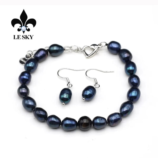 LE SKY Natural Freshwater Pearl Set Potato Shape Elasticity Pearl Bead Bracalet Necklace Earrings Wedding Party Accessories 8-9