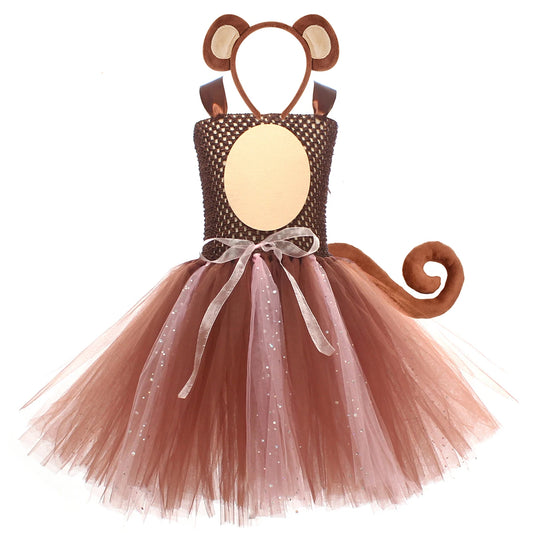 Sparkly Brown Monkey Costumes for Baby Girls Forest Tutu Dress Kids Animal Halloween Outfits Children Birthday Carnival Clothes