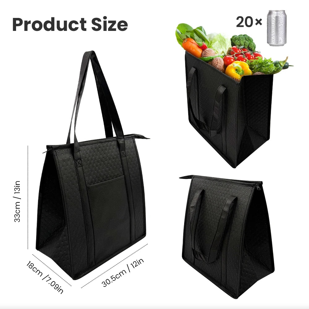 Large Insulated Reusable Grocery Bag with Zipper & Front Pocket, keep cool/warm for hours for Camping Picnic, fishing, shopping