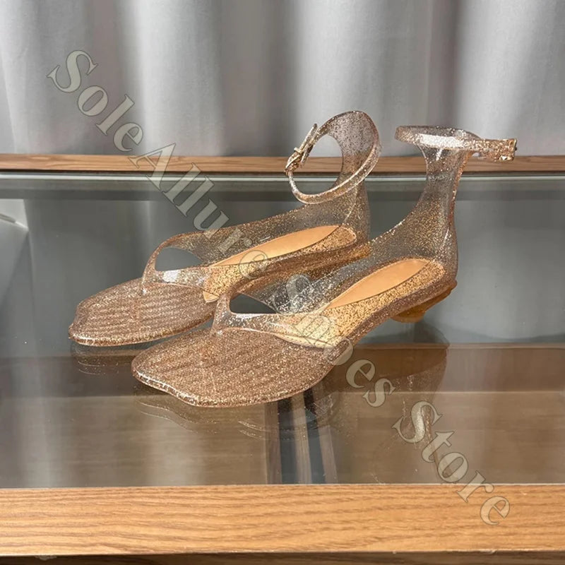 Glitter Jelly Sandals With Ankle Buckle Low Block Heel Thong Style Non Slip For Beach Trips And Summer Events