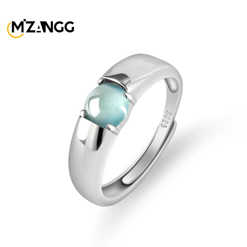 Natural Jadeite Blue Water S925 Silver Inlaid Egg Face Ring Fashion Luxury Glamour Women's Adjustable Jewelry
