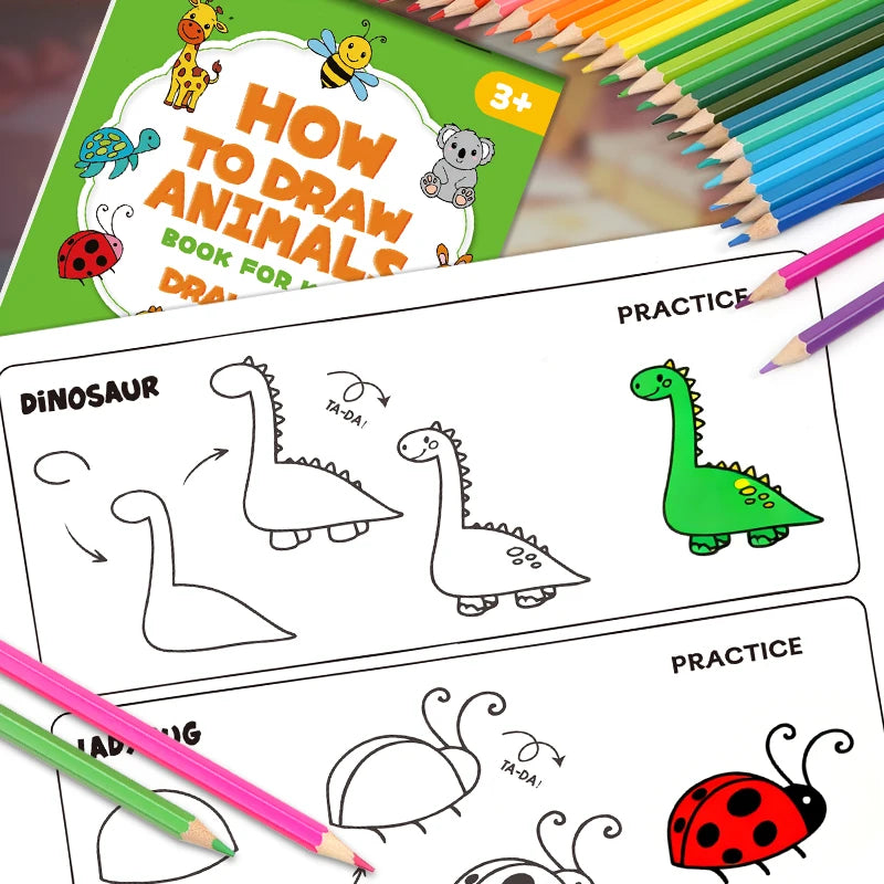 How To Draw Animals Book for Kids 32 Pages Drawing Coloring Book Complete Painting in 4 Simple Steps 96 Cute Animal Characters