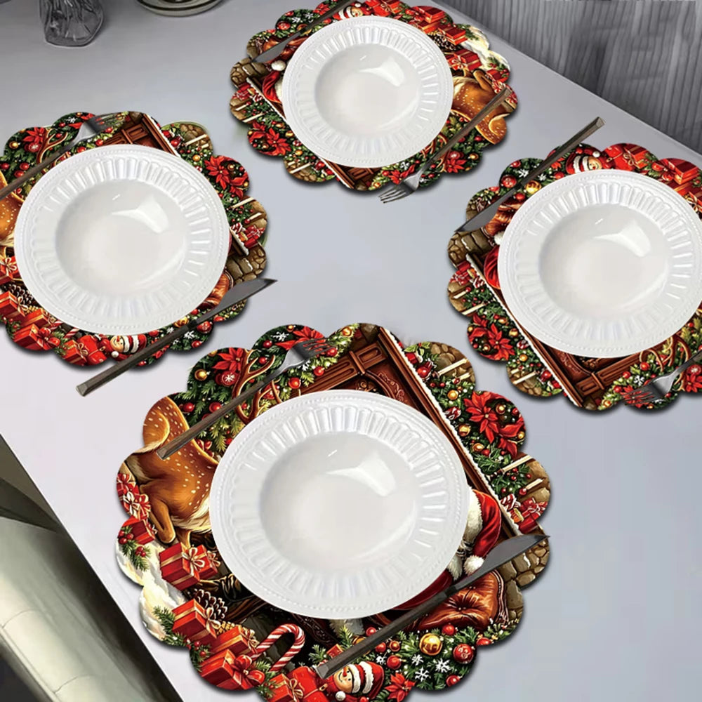 Santa Claus Reindeer Fireplace Christmas Placemat Gift Box Candy Cane Snowflake Table Mat Winter Holiday Dinner Table Decoration