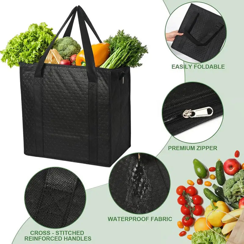 Large Insulated Reusable Grocery Bag With Zipper & Front Pocket, Keep Cool/warm For Hours For Camping Picnic, Fishing, Shopping