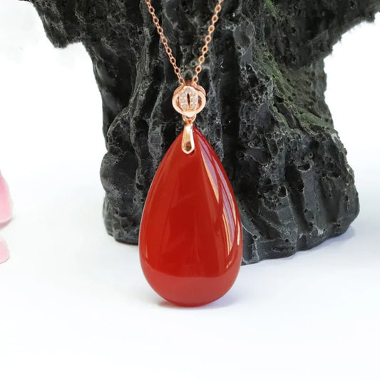 S925 Silver Inlaid Natural Red Agate Pendant,  Craftsmanship Timeless Accessory Water Drop for Man & Women Jewelry Party & Gift