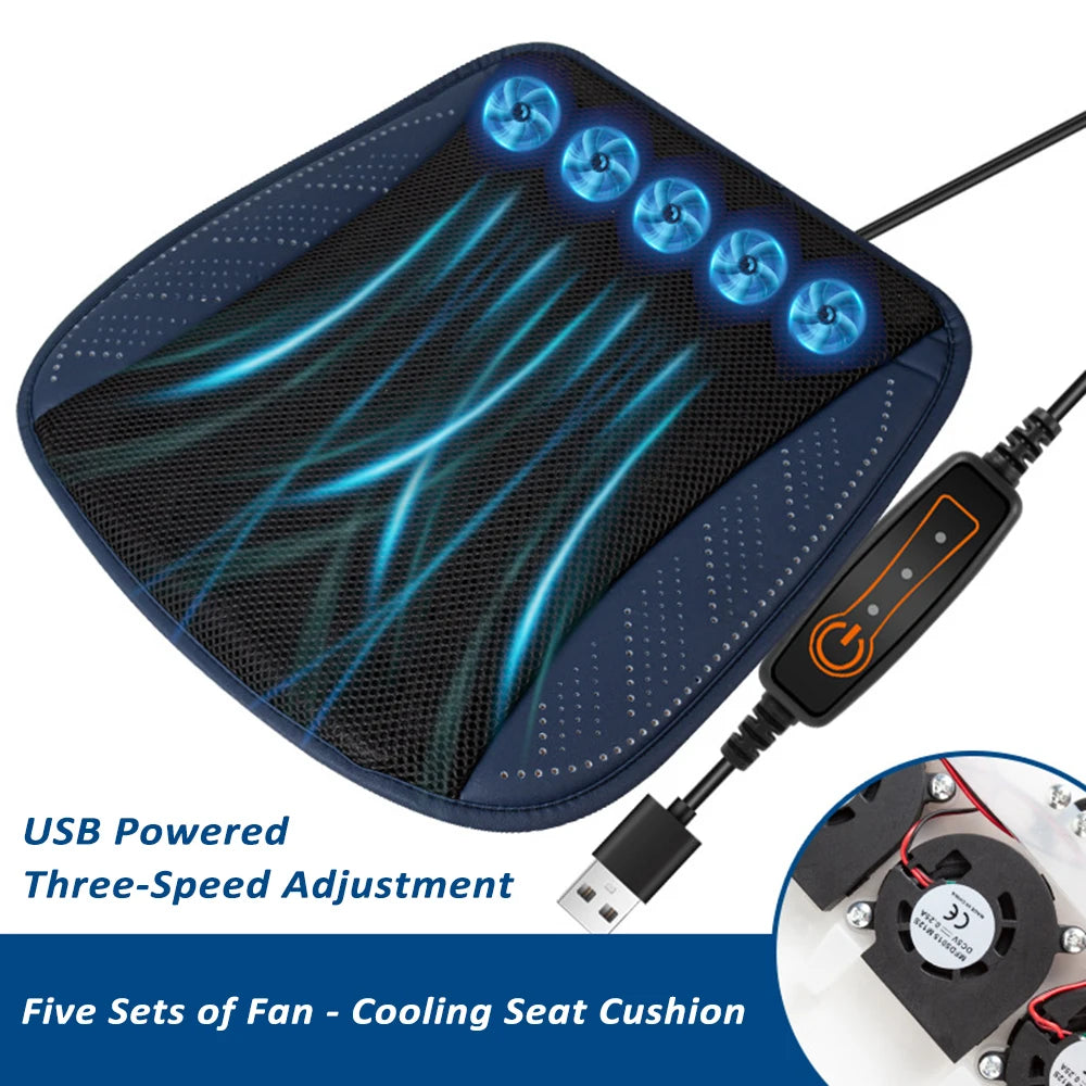 Ventilated Seat Cushion with USB Port, Summer Breathable Cooling Pad for All Car Seats, Home and Office Chairs, Navy Blue