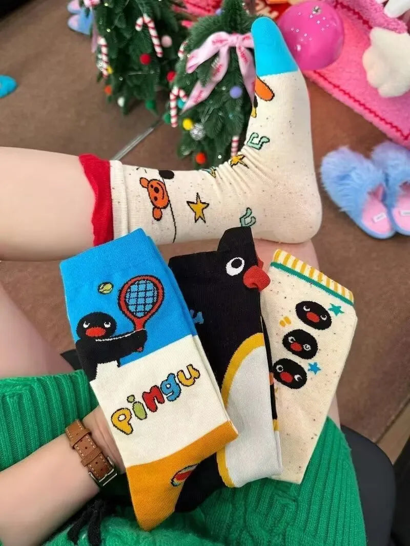 4 Pairs Pingu Medium Length Socks Women Cartoon Autumn Winter Casual Breathable Soft Versatile Fashionable Kawaii Girls Socks