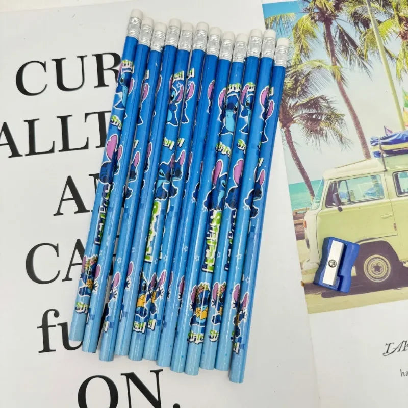 12pcs Cute Stitch Anime Cartoon Kawaii Pencils with Sharpener for Students Children School Supplies Writing Tool Gifts for Kids