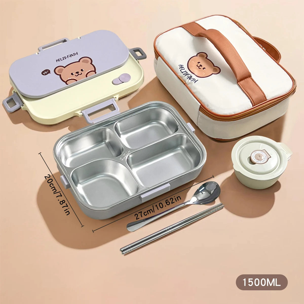 Large Capacity Divided Lunch Container Set For Kids Students Sealed 304 Stainless Steel Bento Lunch Box With Bowl&Cutlery 6