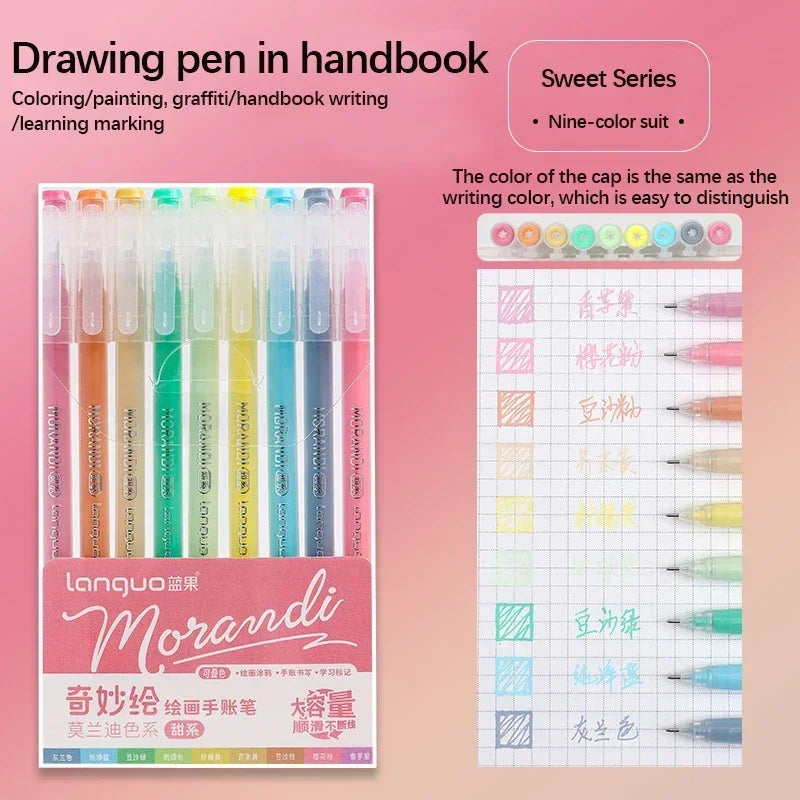 Languo Gel Pen Large Capacity Handbook Pens 6/9Pcs 0.6mm Student Art Diy Doodling Drawing Markers Office Kawaii Art Stationery