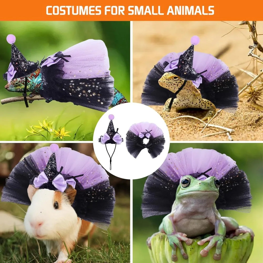 Bearded Dragon Witch Costume Set Small Pet Adjustable Hat Bow Tutu Skirt Outfits for Lizards Guinea Pigs Bunny Ferrets Halloween