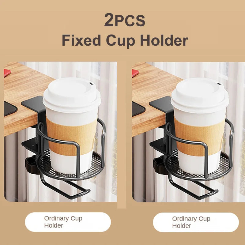 2 in 1 Desk Cup Holder with Headphone Hanger Holder, Anti-Spill Clip-On Table Cup Hook with 360° Rotation for Office Home Table