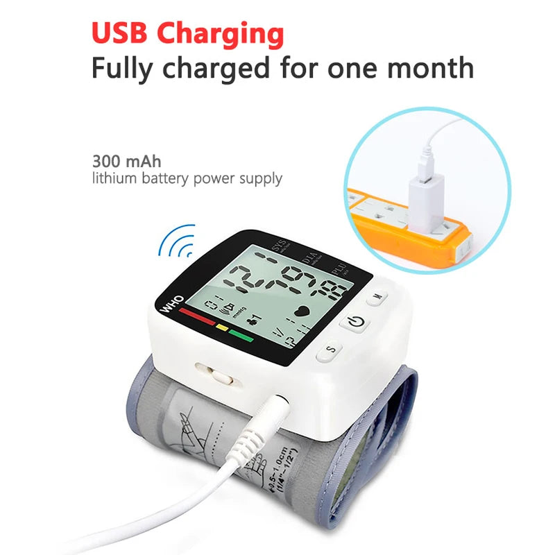 Digital Blood Pressure Monitor Wrist Tensiometer Electronic Sphygmomanometer  Tonometer with LCD, 2 X 90 Memory Rechargeable