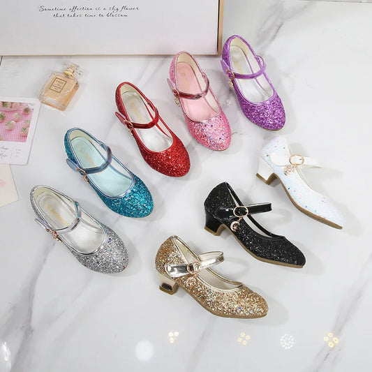 Girls Purple High Heels For Kids Princess RED Leather Shoe Footwear Children's Dress Party Wedding Shoes Round Toe 1-3CM