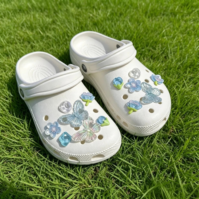 Blue Gradient Butterfly Resin Shoe Charms Iridescent Jelly Ornaments DIY Hole Sandal Decor Cute Summer Gift for Girls Women Kids