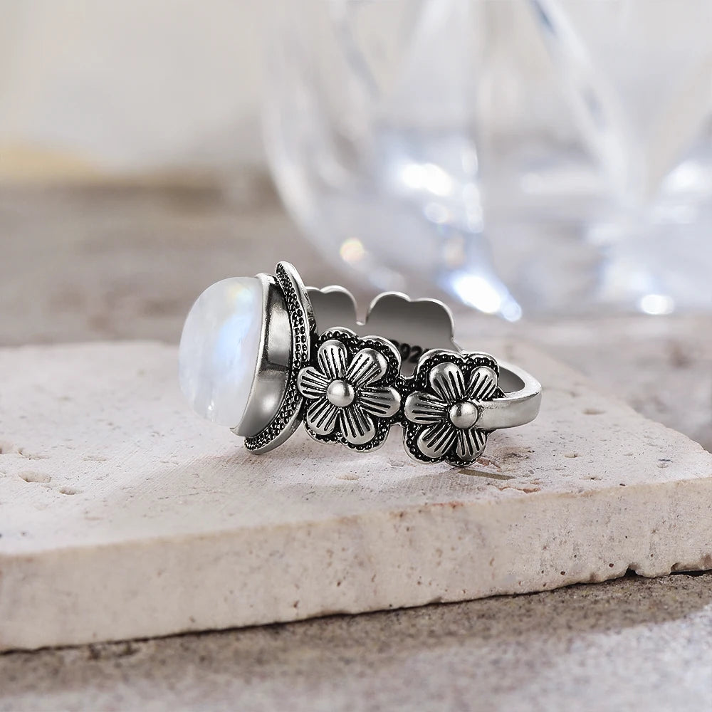 Vintage S925 Sterling Silver Rose Flower Ring With Oval 8*10mm Natural Moonstone Sweet Ring Fine Jewelry For Woman