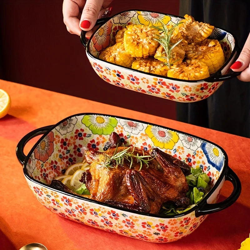 Polish Pottery Floral Baking Dish Set, Hand Painted Ceramic Bakeware with Handles, Oven Safe for Casserole & Fruit Serving