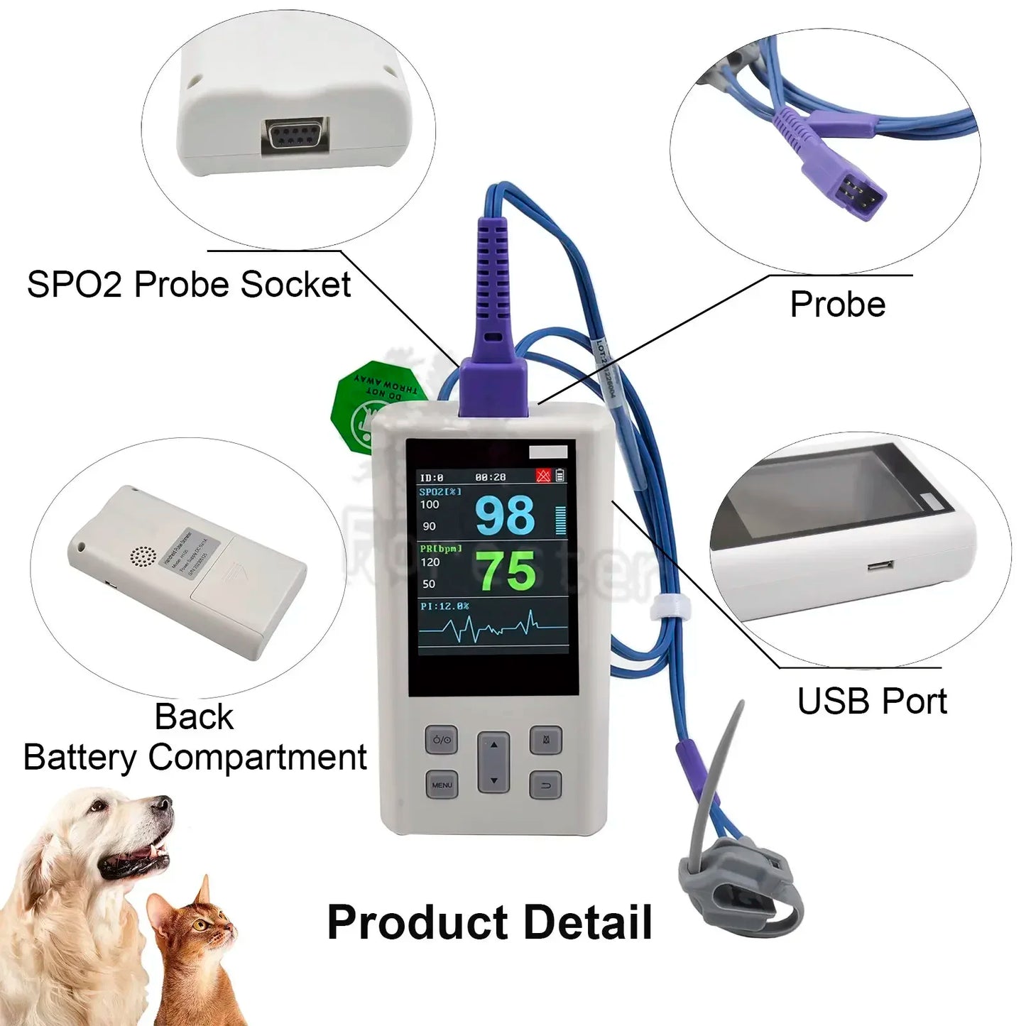 Portable Pulse Oximeter  for Heart Rate and  Saturation with Veterinary and Medical SPO2 with Memory