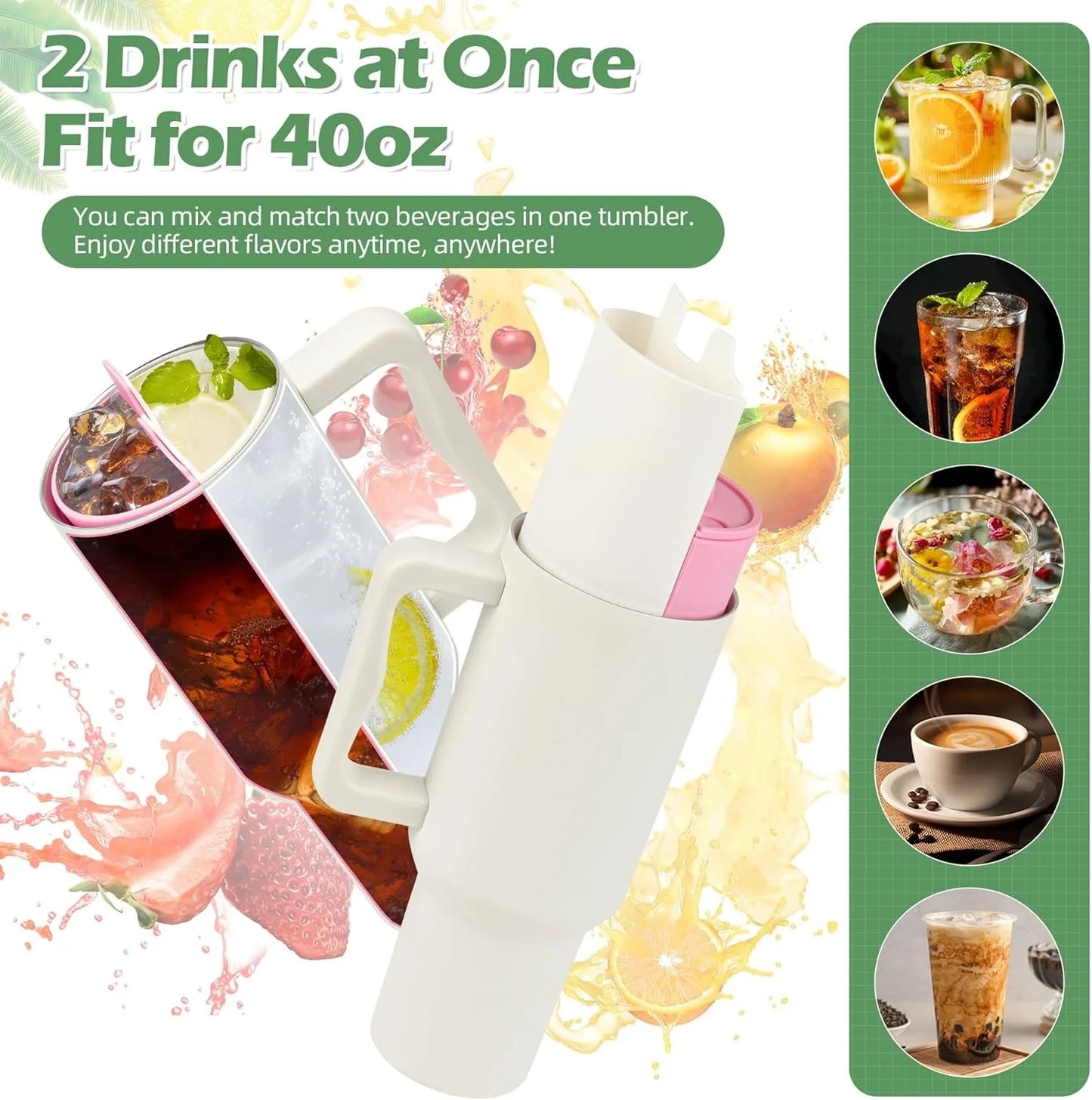 Silicone 2in1 Cup Drink Divider Compatible with Stanley Tumbler 40 oz Cup Separator with Lid for Dualsided Drink Double Drinks